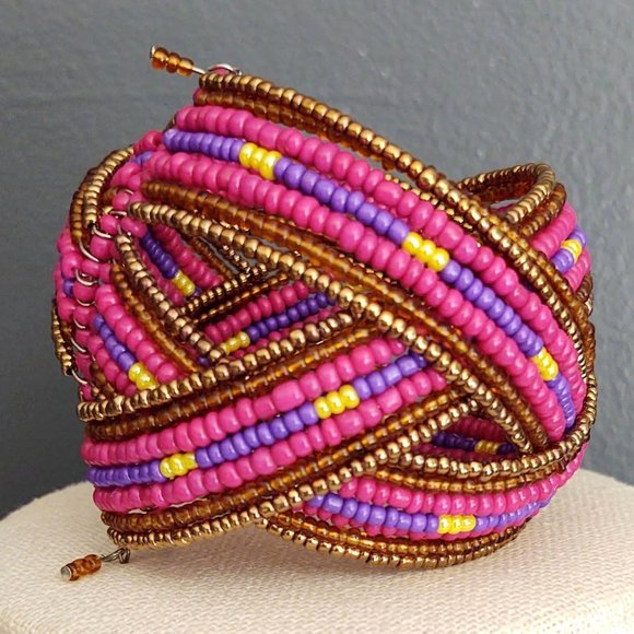Purple, pink, yellow and metallic seed bead cuff - Picture 7 of 11